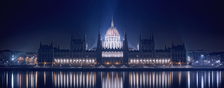 white temple, hungary, budapest, night, building, parliament, lights, promenade, river, danube, reflection, HD wallpaper