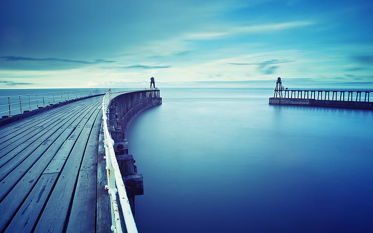 lighthouse, sky, horizon, water, sea, pier, cyan, blue, calm, calm waters, HD wallpaper