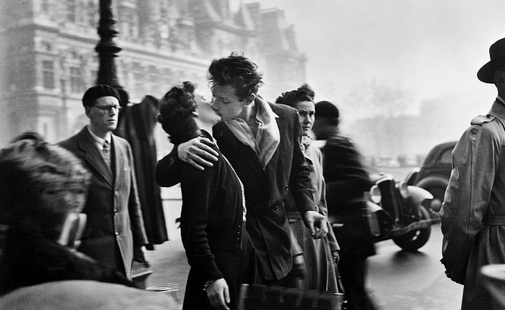 Kiss Old Photography, zdjęcie w skali szarości całujących się par, Vintage, Photography, Kiss, Tapety HD