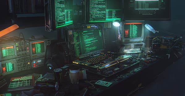 cyberpunk, çalışma masası, 3D grafikler, HD masaüstü duvar kağıdı HD wallpaper