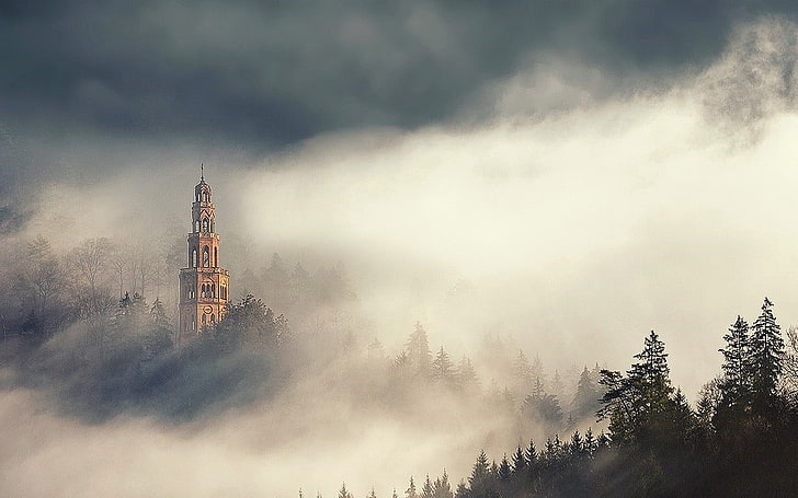 серый бетонный замок, природа, пейзаж, туман, утро, солнечный свет, лес, башня, Италия, HD обои