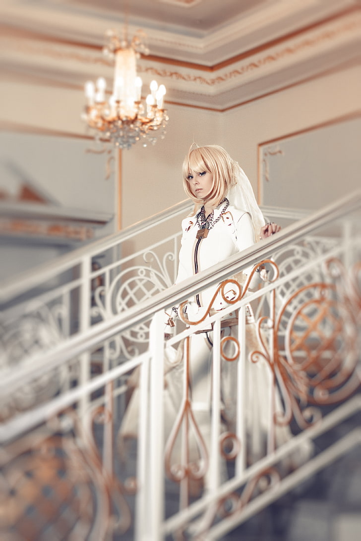 suits, boots, cosplay, Saber Bride, long hair, blonde, blue eyes, leather boots, leather clothing, stairs, Helly von Valentine, Disharmonica, HD wallpaper