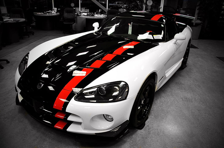 черно, бяло и червено кабрио купе, Dodge, VIPER, бели коли, кола, превозно средство, HD тапет