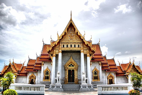 Temples, Wat Benchamabophit, Bangkok, Buddhist, Marble Temple, Thailand, HD wallpaper HD wallpaper