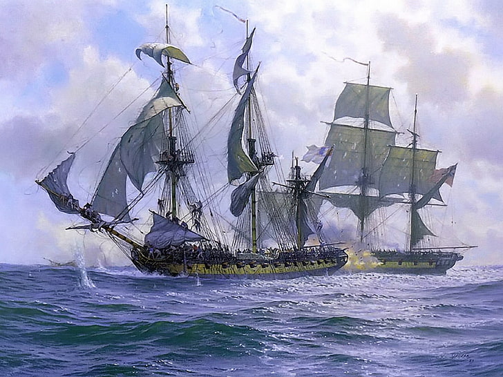 peinture de deux galions gris, gréement (navire), bataille océanique, canons, mer, peinture, voilier, navire, Fond d'écran HD
