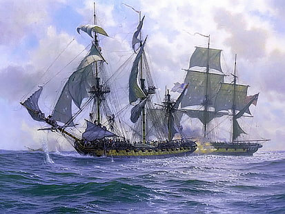 malowanie dwóch szarych galeonów, olinowanie (statek), bitwa oceaniczna, armaty, morze, malowanie, żaglowiec, statek, Tapety HD HD wallpaper