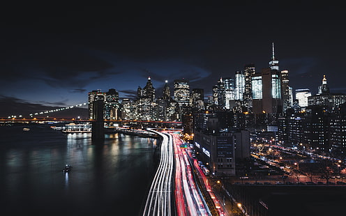 Манхэттен Нью-Йорк Сити Ночной Городской пейзаж 4K 8K, Ночь, Город, Манхэттен, Йорк, Городской пейзаж, Новый, HD обои HD wallpaper
