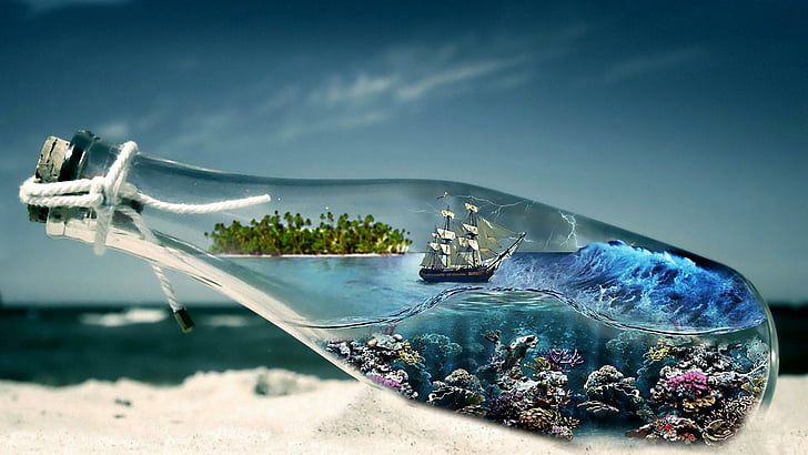 bottle, sea, bottled, sand, life, water, ship, sky, fantasy art, ocen, imagination, vision, storm, amazing, HD wallpaper