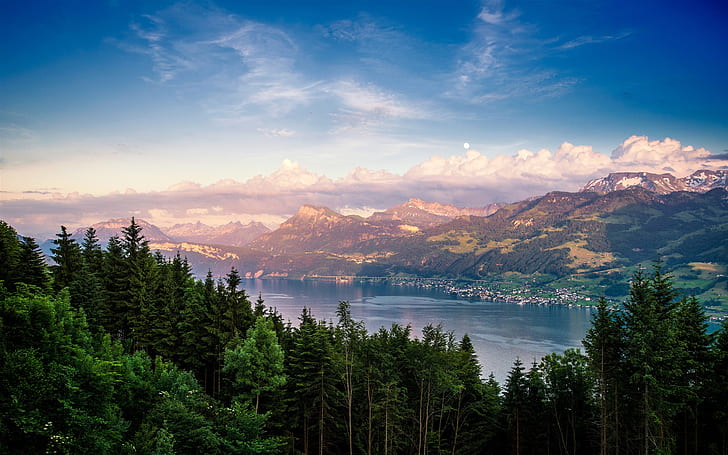 Швейцария, Цюрихское озеро, озеро, лес, деревья, горы, облака, Швейцария, озеро, Цюрих, лес, деревья, горы, облака, HD обои