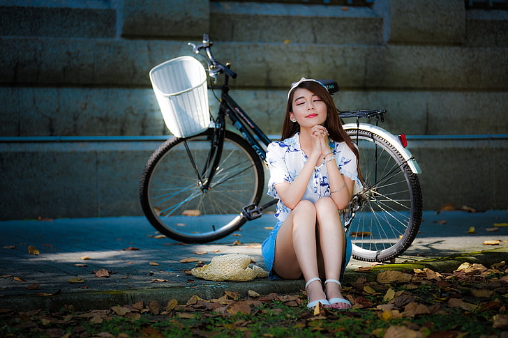 Asian, women, brunette, closed eyes, head band, bicycle, women with bicycles, miniskirt, shirt, sandals, leaves, sitting, model, women outdoors, HD wallpaper