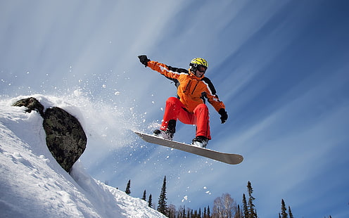 極端なスノーボーダー、雪、山、スノーボード、男、木、 HDデスクトップの壁紙 HD wallpaper