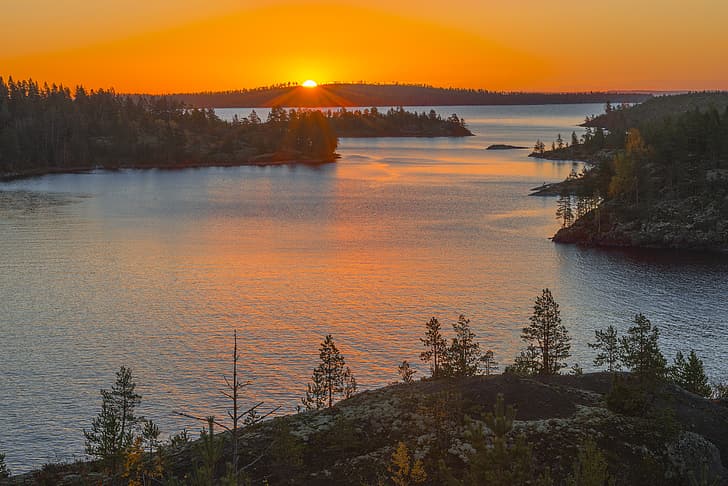 호수, 일출, 새벽, 주름 장식, 러시아, Ladoga 호수, Vladimir Ryabkov, HD 배경 화면