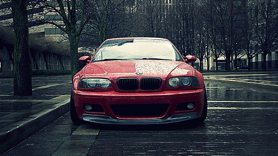 red BMW car, car, BMW, city, BMW M3 E46, rain, HD wallpaper HD wallpaper