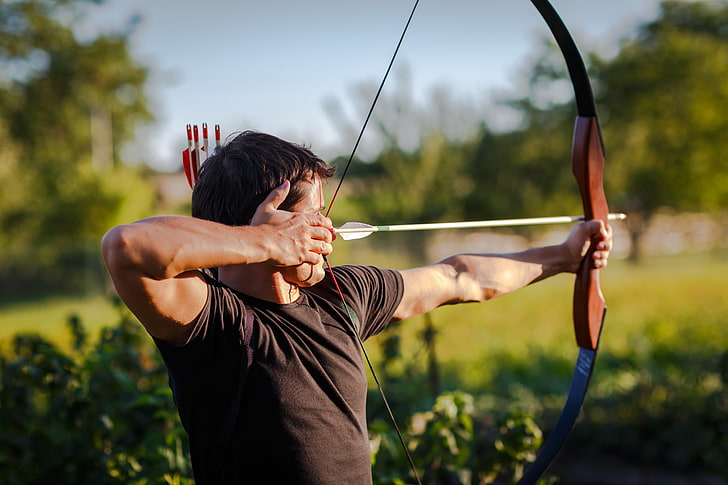Brown crossbow and black shirt, man, bow, arrow, pointing, archery, HD  wallpaper | Wallpaperbetter
