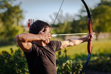 brown crossbow and black shirt, man, bow, arrow, pointing, archery, HD wallpaper HD wallpaper