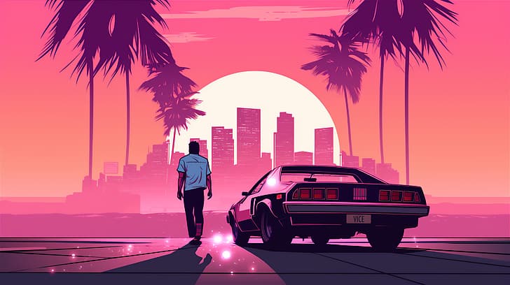 Sztuczna inteligencja, miasto, ilustracja, Grand Theft Auto: Vice City, sylwetka na tle nieba, palmy, samochód, spacery, Tapety HD