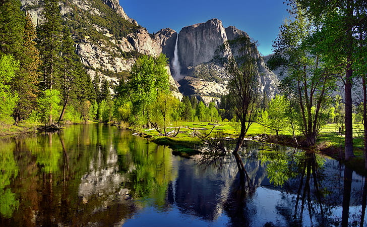photo of bodies of water near cliff, merced river, yosemite national park, merced river, yosemite national park, Trees, View, Merced River, Yosemite National Park, photo, bodies of water, cliff, Blue Skies, Canvas, Capture, NX2, Edited, Central, Yosemite, Sierra, Color, Pro  Day, Day 4, Glass, Reflections, Grassy, Meadow, Hillside, Indian, Canyon  Lake, Water, Landscape, NE, River  Mountains, Distance, Nature, Nikon D800E, Pacific Ranges, Portfolio, Lake, River, Riverbank, Sierra Nevada, Trip, Paso Robles, Upper, Yosemite Fall, mountains, Waterfalls, Yosemite Falls, Point, Yosemite Valley, United States, scenics, reflection, tree, outdoors, rock - Object, mountain, forest, beauty In Nature, HD wallpaper