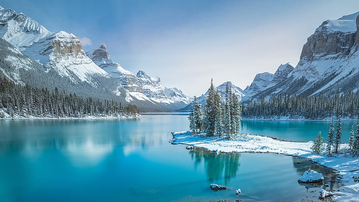 nature, landscape, mountains, river, water, Jasper National Park, Alberta National Park, Canada, Maligne Lake, snow, spruce, lake, rocks, HD wallpaper