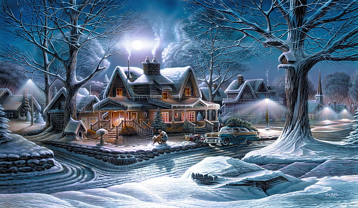 snow village wallpaper, winter, machine, snow, trees, holiday, the moon, street, tree, home, Terry Redlin, HD wallpaper