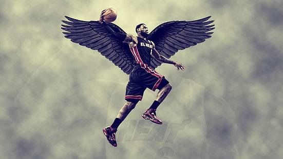 LeBron James, lebron james, miami heat, wings, sky, basketball, HD wallpaper HD wallpaper