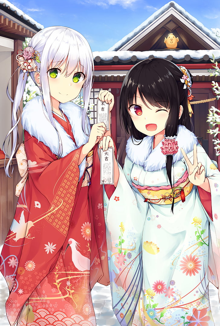 anime girls, shrine, kimono, white hair, moe, cute, smiling, Anime, HD wallpaper
