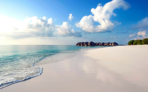 Maldivas, tropical, praia, nuvens cumulus e areia branca, Maldivas, tropical, praia, natureza, oceano, HD papel de parede HD wallpaper