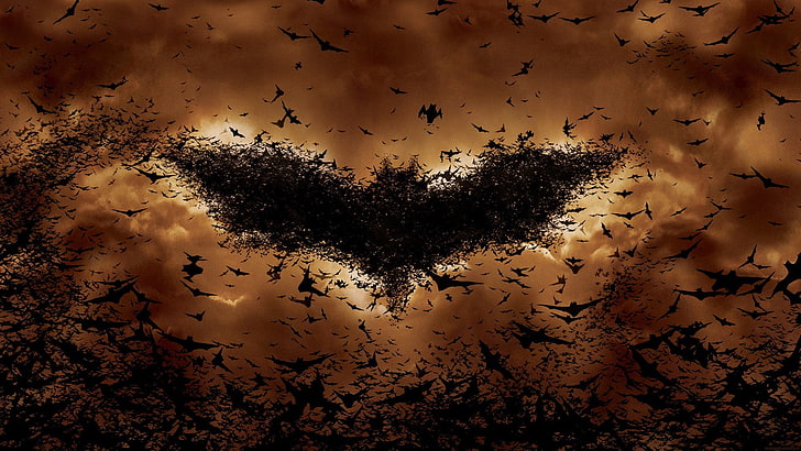 Fledermausschwarm, der Batman-Logo auf digitaler Tapete des Himmels, Batman, Fledermäuse, Filme, Batman-Logo schafft, HD-Hintergrundbild