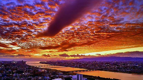sunset, river, sky, osaka, japan, asia, clouds, cloud, bridges, HD wallpaper HD wallpaper