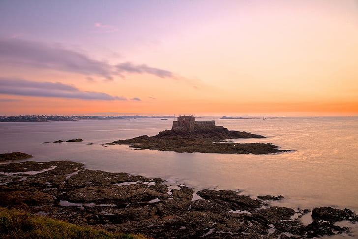 stone castle surrounded by body of water near rocky seashore, saint-malo, saint-malo, Saint-Malo, Twilight, Scenery, HDR, stone castle, body of water, rocky, seashore, landscape, nature, travel, tourism, background, scene, scenic, sunset, sun  set, france, french, saint  malo, st, brittany, bretagne, coast, coastal, shore, sea, ocean  water, old, ancient  history, historic, castle, fort, fortress, medieval, beauty, beautiful, glow, long  exposure, cliff, cliffs, island  stone, rocks, epic, dusk, fantasy, architecture, orange, pink, purple  violet, vivid, stock, resource, image, photo, photograph, picture, ca, lighthouse, coastline, rock - Object, tower, famous Place, sky, beach, scenics, HD wallpaper