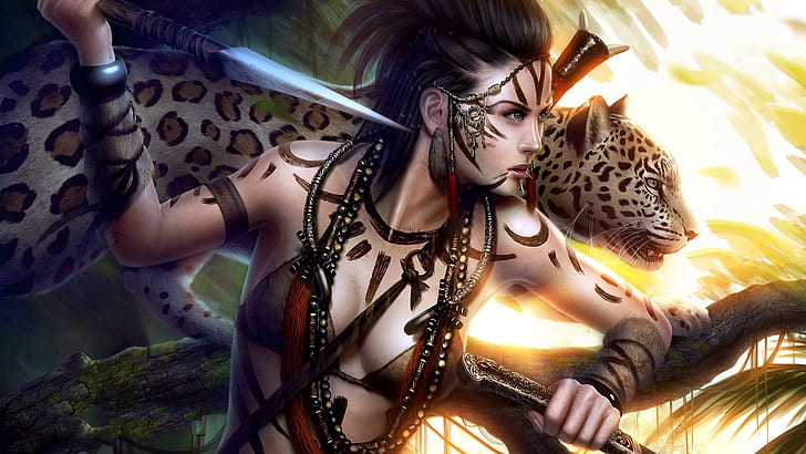 Warrior Girl Ihr Leopard, Kriegermädchen neben Leopard, Leopard, Krieger, Mädchen, großer Katze, 3d und Zusammenfassung, HD-Hintergrundbild