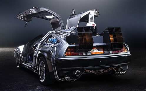 background, door, The DeLorean, rear view, DeLorean, DMC-12, exhaust, Back to the Future, Time Machine, HD wallpaper HD wallpaper