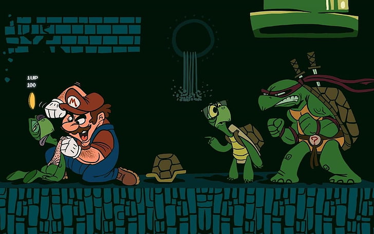 Super Mario illustration, video games, Super Mario, turtle, Teenage Mutant Ninja Turtles, coins, fighting, glasses, sword, crossover, HD wallpaper