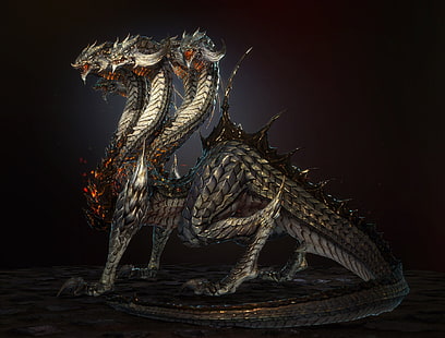 papel tapiz gris de tres cabezas de dragón, ilustración de tres cabezas de dragón, hidra, dragón, arte digital, arte de fantasía, Final Fantasy XIV: A Realm Reborn, videojuegos, Fondo de pantalla HD HD wallpaper