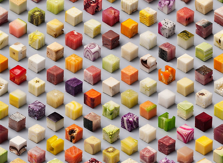 cube, minimalism, melons, kiwi (fruit), fruit, meat, artwork, gray background, cheese, papaya, papayas, orange (fruit), apples, carrots, lettuce, grapefruits, cucumbers, avocados, bell peppers, paprika (spice), food, geometry, food cubes, tileable, simple background, HD wallpaper