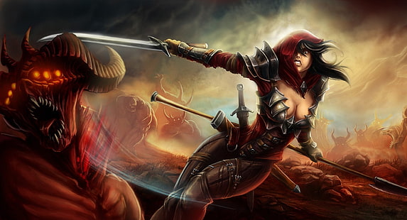 mulher de armadura negra matando um monstro, arte de fantasia, Demon Hunter, Diablo, Valla, HD papel de parede HD wallpaper