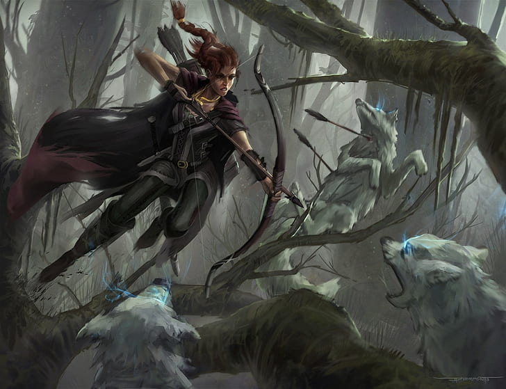 archer, battle, elbes, elf, fantasy, forest, girls, wolf, wolves, HD wallpaper