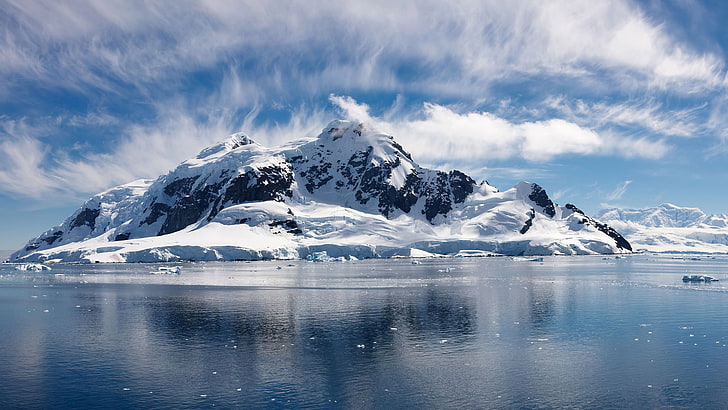 gunung putih dan hitam, pemandangan, danau, gunung, es, salju, awan, musim dingin, alam, Wallpaper HD
