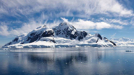 белая и черная гора, пейзаж, озеро, горы, лед, снег, облака, зима, природа, HD обои HD wallpaper