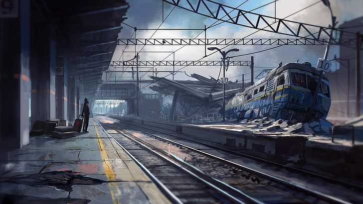 persona en el fondo de pantalla digital de la estación de tren, obra de arte, arte de fantasía, apocalíptico, estación de tren, tren, Fondo de pantalla HD