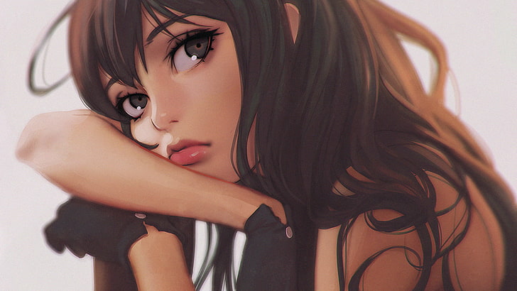 black haired female anime illustration, Ilya Kuvshinov, gloves, artwork, digital art, HD wallpaper