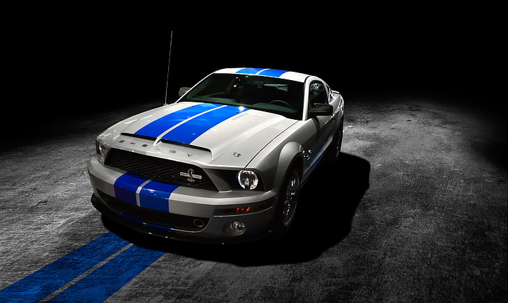 white and blue coupe, auto, Mustang, Ford, Shelby, gt500, rechange, avto, HD wallpaper