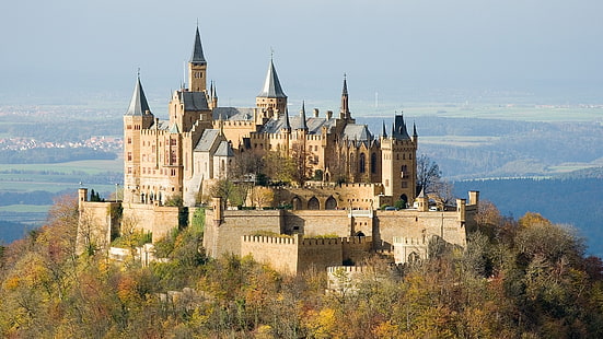 slott, Hohenzollern, arkitektur, natur, landskap, träd, skog, Tyskland, kullar, torn, forntida, falla, HD tapet HD wallpaper