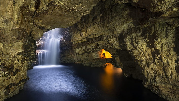 smoo cave, scotland, durness, sutherland, highland, waterfall, sea cave, limestone, cave, HD wallpaper