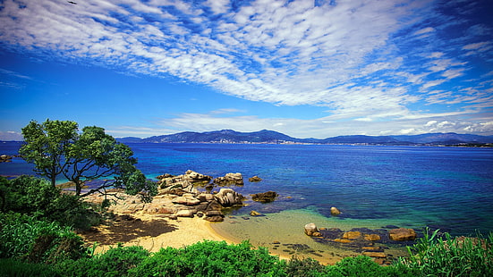 Himmel, Meer, Küste, Korsika, Wasser, Ufer, Frankreich, Europa, Tropen, Wolke, Bucht, Horizont, Landschaft, HD-Hintergrundbild HD wallpaper