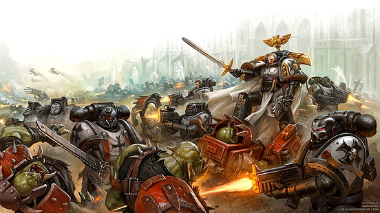  Black Templars, orcs, space Marines, battle, Warhammer, Warhammer 40 000, HD wallpaper HD wallpaper