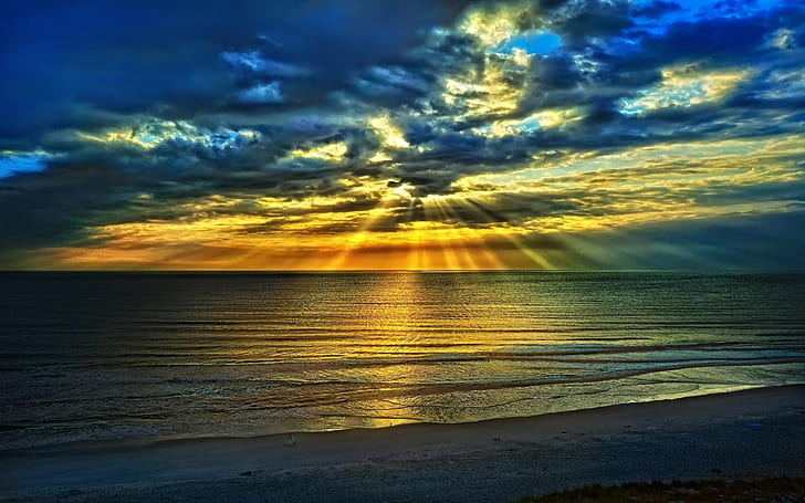 Cool Summer Sunset, sea, water, clouds, sky, sun, HD wallpaper