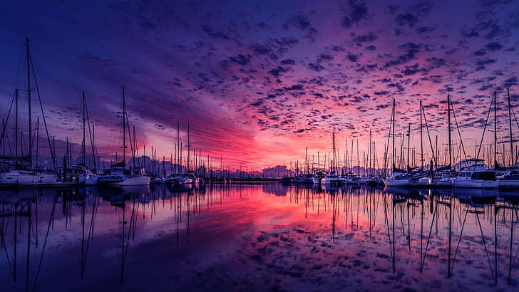 afterglow, purple clouds, pink sky, dock, boat, water, dusk, evening, purple sky, reflection, horizon, calm, sunset, marina, waterway, yacht, sky, HD wallpaper