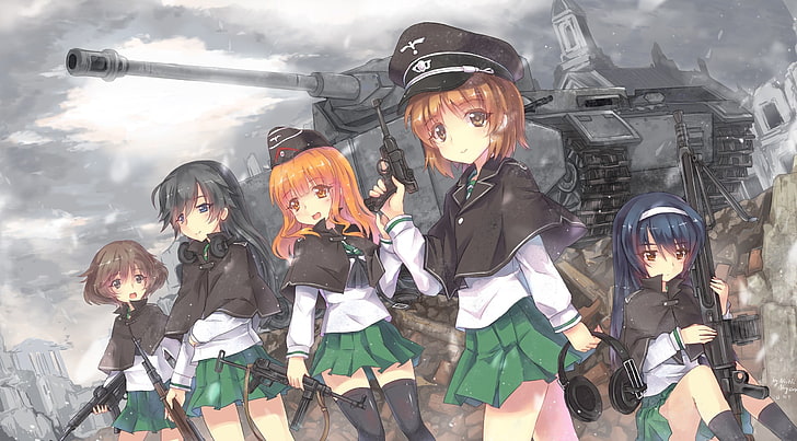 foto av alla tjejer anime militära officerare med stridsvagn som bakgrund, anime, animeflickor, pistol, tank, vapen, skoluniform, loli, HD tapet