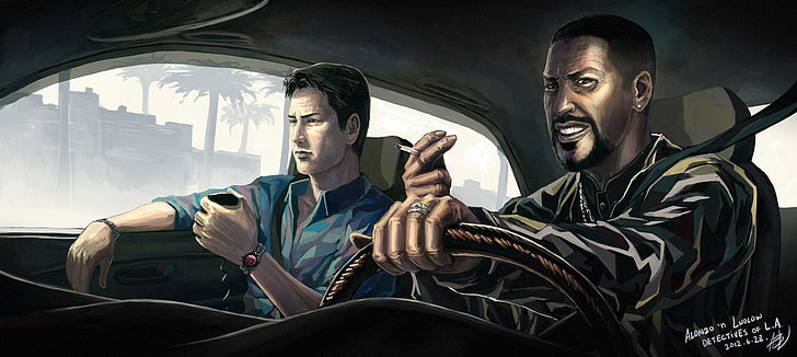 two men inside vehicle wallpaper, Denzel Washington, Jake, Alonzo, Training Day, Ethan Hawke, HD wallpaper