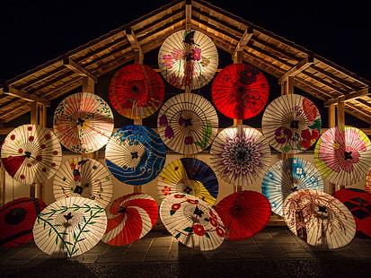 decoration, japanese umbrellas, lights, roof, umbrellas, HD wallpaper HD wallpaper
